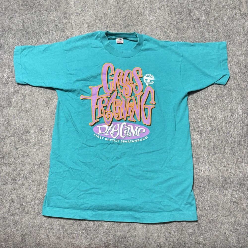 Vtg 1994 Cross Training Day Camp Shirt L Fruit of the Loom Teal Fresh Prince 90s